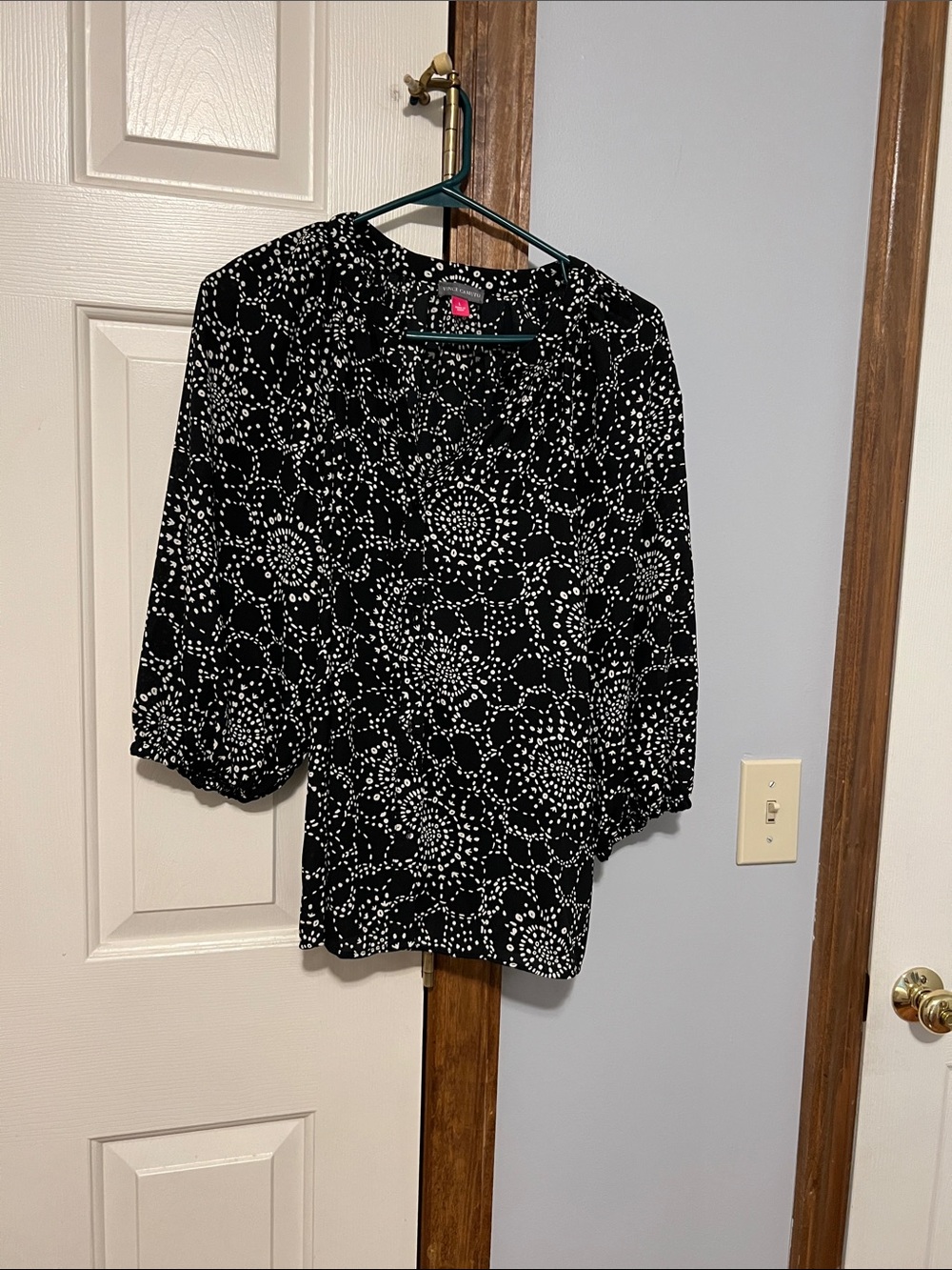Vince Camuto Black Blouse with White Circular Dot Print